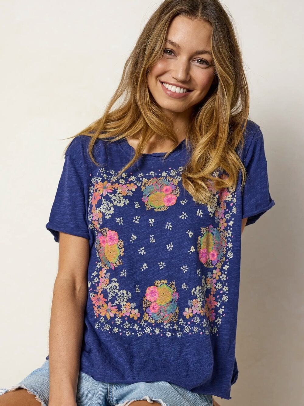 Natural Life Aiden Tropical Bandana Navy Cotton Tee Top Large